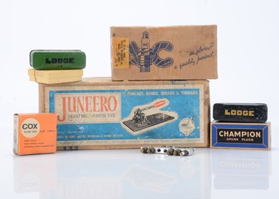 Lot 308 - Assorted vintage model sparkplugs glo-plugs and a 'Juneero' engineering set (qty)