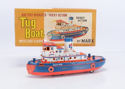 Lot 371 - A Marx Toys (Hong Kong) Tinplate Battery-Operated Tug Boat Catfish