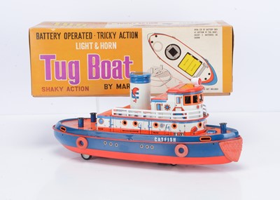 Lot 371 - A Marx Toys (Hong Kong) Tinplate Battery-Operated Tug Boat Catfish