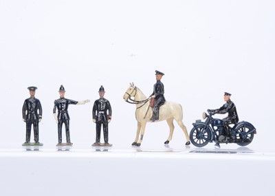 Lot 539 - Britains Policemen including rare Motorcyclist and pre WW2 mounted officer with officer in peak cap