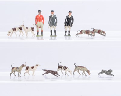 Lot 548 - Britains Hunt figures from The Meet and Full Cry comprising standing woman in bowler hat grey jacket