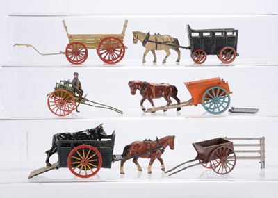 Lot 571 - Horse drawn carts by various makers including Britains and John Hill comprising Simon & Rivollet - France - 4-wheel farm cart (missing horses)