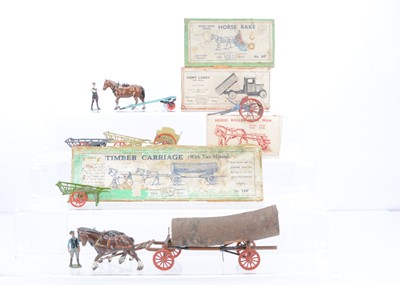 Lot 627 - Britains coster carts (3) with boxed and unboxed farm vehicles comprising post WW2 No. 9F Horse Roller with Man in unusual light blue in uncommon red lettered box