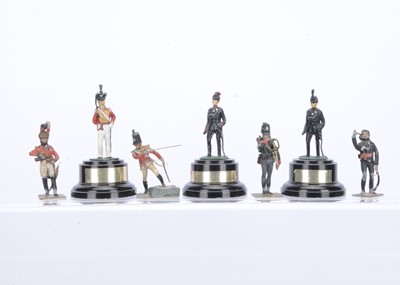 Lot 630 - Charles Stadden 70mm scale factory painted Napoleonic era soldiers (4) with Bill Carman 19th Century British Army figures mounted on plinths (3)