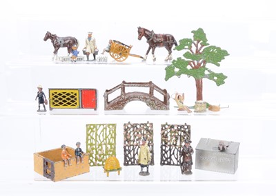 Lot 631 - Farm and civilian animals and figures by various makers including Britains and Timpo comprising Hill CORN BIN and pig sty