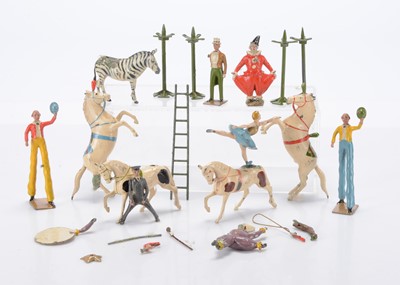 Lot 642 - Britains lead circus figures and extras comprising clowns on stilts (2)