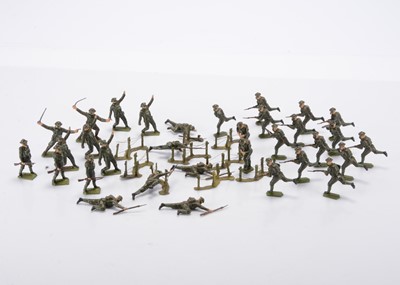 Lot 643 - Britains British Infantry in Action in gas masks from set 1614 comprising charging (14, but 2 missing arms)