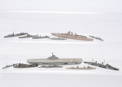 Lot 663 - 13 mostly unbranded Bassett-Lowke style wooden 1in-100ft Naval Vessels (13)