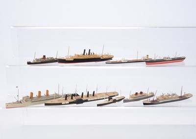 Lot 664 - 9 mostly unbranded Bassett-Lowke style wooden 1in-100ft Ocean Liners  and other Merchant Navy vessels (9)