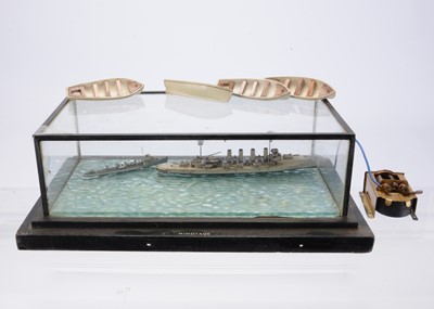 Lot 665 - A small sea Diorama with two vessel together with a Bassett-Lowke motor and four large scale Lifeboat models (6)