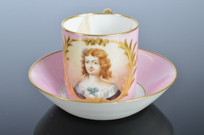 Lot 56 - A pretty French porcelain cabinet coffee cup and saucer set with tray