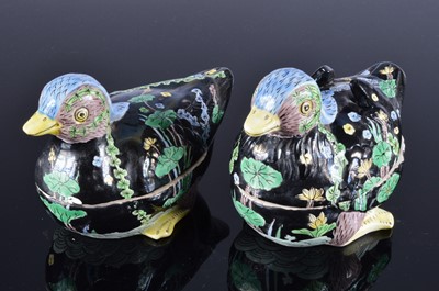 Lot 200 - A pair of mid 20th century Chinese porcelain famille noir style duck tureens