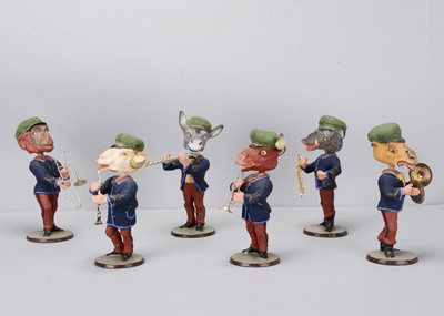 Lot 5 - A late 19th century Thüringen six piece anthropomorphic animals military band nodders