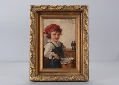 Lot 98 - A late 19th century continental oil on board of a boy dressed as soldier with wooden soldiers in the background