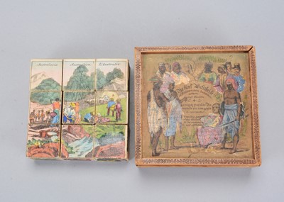 Lot 477 - An 19th century ‘Die fünf Welttheile in Bildern sum zusamen setzen mit Würfeln’ or ‘The five Continents in pictures to put together in cubes’ hand-coloured picture blocks