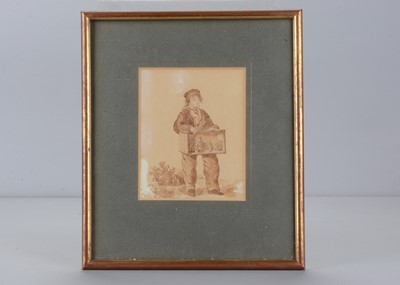 Lot 482 - An 19th century Continental sepia watercolour of a boy travelling toy salesman