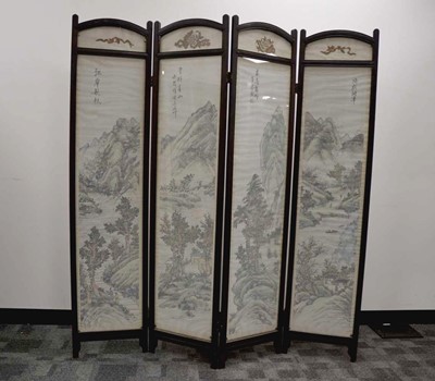 Lot 438 - An antique Chinese glazed hardwood four-fold screen