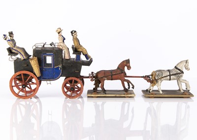 Lot 318 - A rare German late 19th century wooden stagecoach and horses