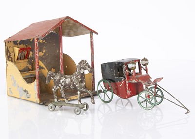 Lot 319 - A French painted tinplate stable and coach circa 1900