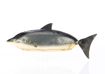 Lot 320 - A rare French clockwork wood and tinplate pond dolphin circa 1900