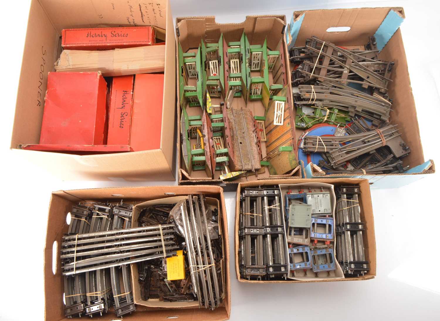 Lot 505 - Very large quantity of Hornby 0 Gauge boxed and unboxed mostly Clockwork Track Level Crossings Points Turntables Buffers and Clips (approx. 280 pieces of track)