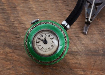 Lot 75 - An Art Deco silver and enamelled manual wind lady's spherical fob watch by J. Grevere