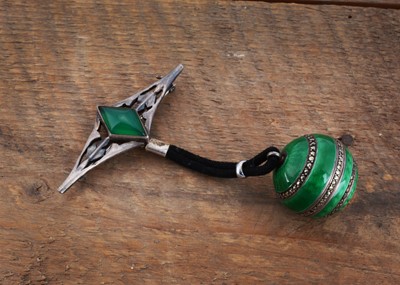 Lot 75 - An Art Deco silver and enamelled manual wind lady's spherical fob watch by J. Grevere