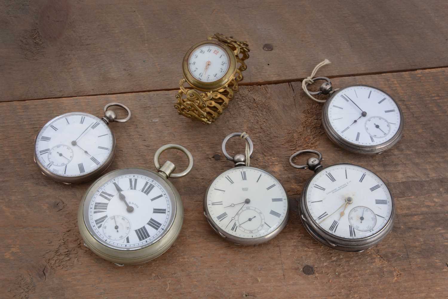 Lot 77 - Four silver cased open faced pocket watches and two other watches