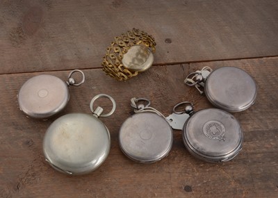 Lot 77 - Four silver cased open faced pocket watches and two other watches