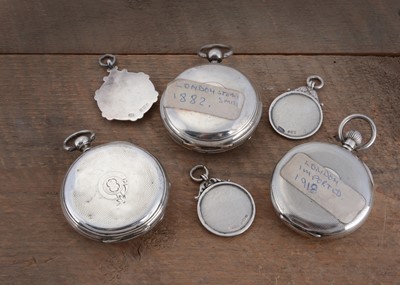 Lot 82 - Three Victorian and later silver open faced pocket watches and three silver fobs