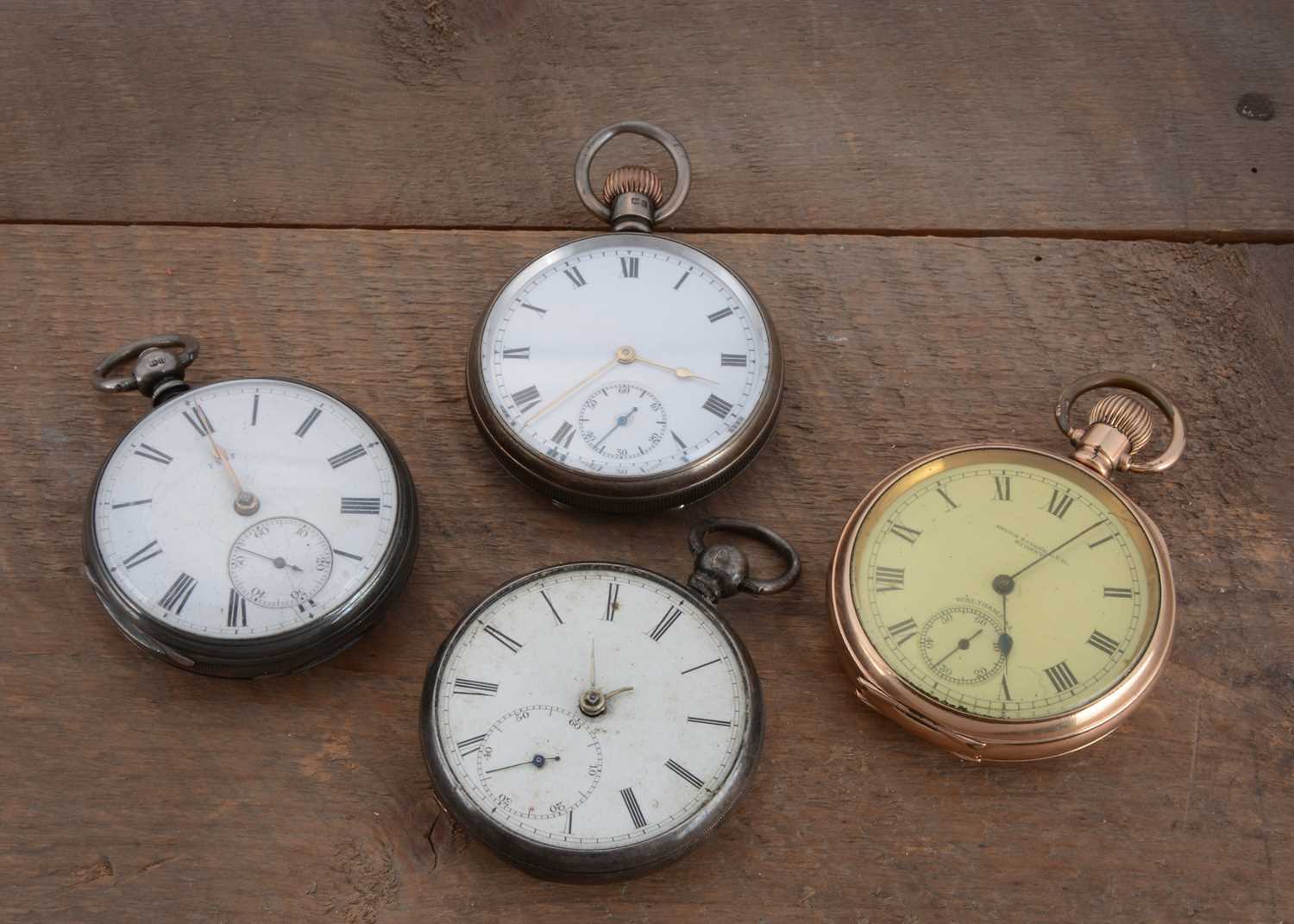 Lot 84 - Three silver Victorian and later open faced pocket watches and a gold plated example