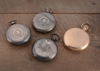 Lot 84 - Three silver Victorian and later open faced pocket watches and a gold plated example