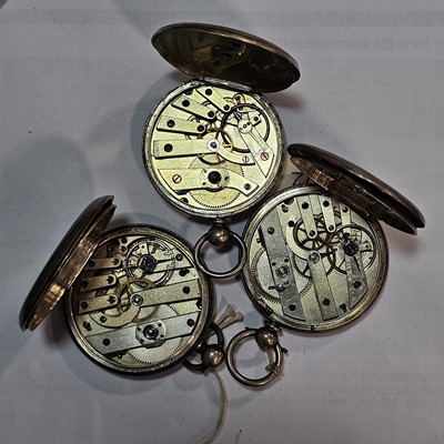 Lot 84 - Three silver Victorian and later open faced pocket watches and a gold plated example