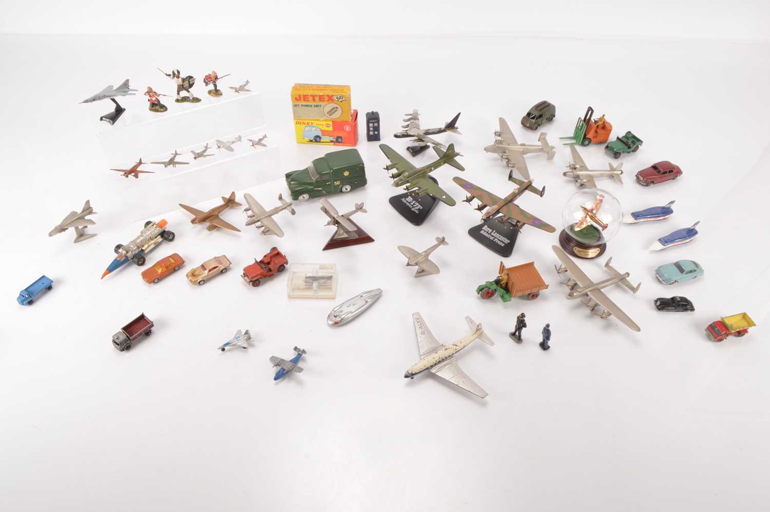 Lot 296 - Collection of vintage and modern Diecast and Pewter and plastic Aircraft and Vehicles and Figures  mostly unboxed by Dinky Royal Hampshire Lledo Atlas and others (50+)