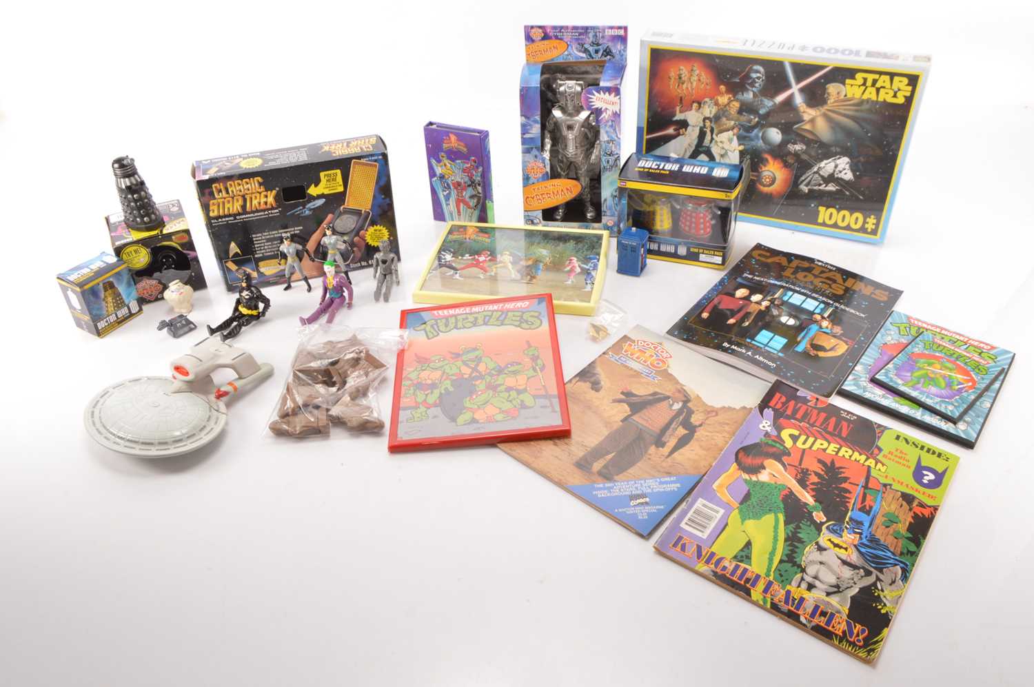 Lot 559 - Collection of Star Wars Star Trek Dr Who and Daleks Teenage Ninja Turtles Batman  and Ghost Busters Toys by various makers (qty)