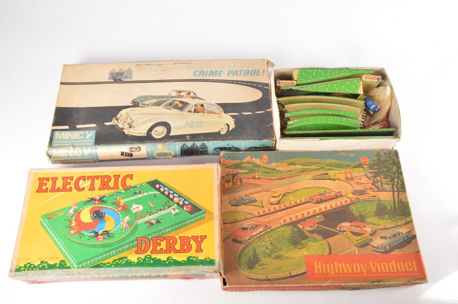 Lot 615 - Technofix Highway Viaduct set Tri-ang Minic Motorway Crime Patrol, Kay's Electric Derby and Marks Tinplate Speedway and other items (qty)