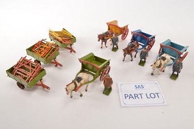 Lot 720 - large collection of Britains pre-war Horse Drawn Farm Carts and Equipment with Farmers  and various items of Fencing (11 carts and wagons and other items)