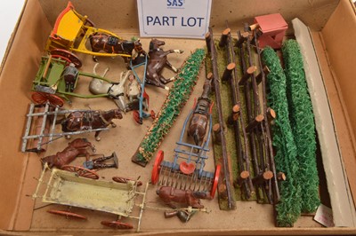 Lot 720 - large collection of Britains pre-war Horse Drawn Farm Carts and Equipment with Farmers  and various items of Fencing (11 carts and wagons and other items)