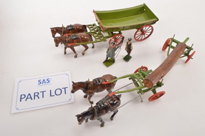 Lot 720 - large collection of Britains pre-war Horse Drawn Farm Carts and Equipment with Farmers  and various items of Fencing (11 carts and wagons and other items)