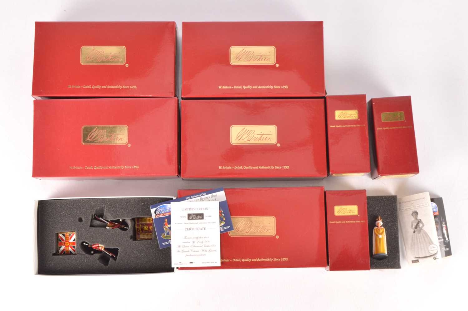 Lot 799 - Britains boxed New Metal H.M. Queen Elizabeth figures set 43052, 43054 and 43055, with The Queen's Diamond Jubilee sets 48015, 48016, 48017, 48018, and 48019