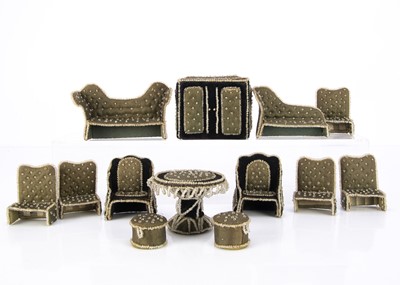 Lot 820 - A late 19th century dolls’ house upholstered card and beadwork drawing room set