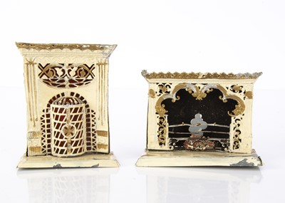 Lot 924 - Two German soft metal and tinplate dolls’ house fireplaces