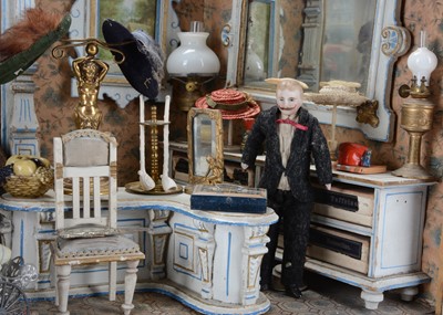 Lot 1080 - A rare late 19th century Gottschalk wooden dolls’ house room millinery shop