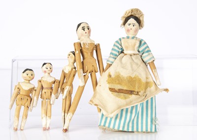 Lot 990 - Five German pegged wooden dolls’ house dolls