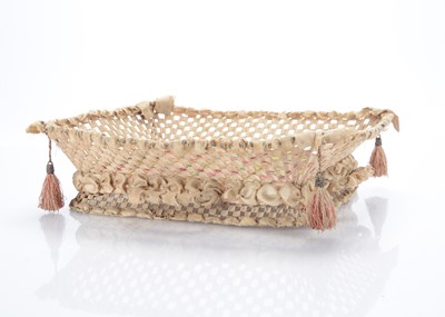 Lot 1458 - A mid 18th century English needlework and pin work basket containing an assortment of doll, sewing and miniature items