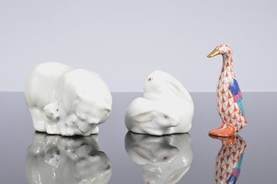 Lot 210 - Two small Herrend porcelain animals and a Royal Copenhagen porcelain polar bear group
