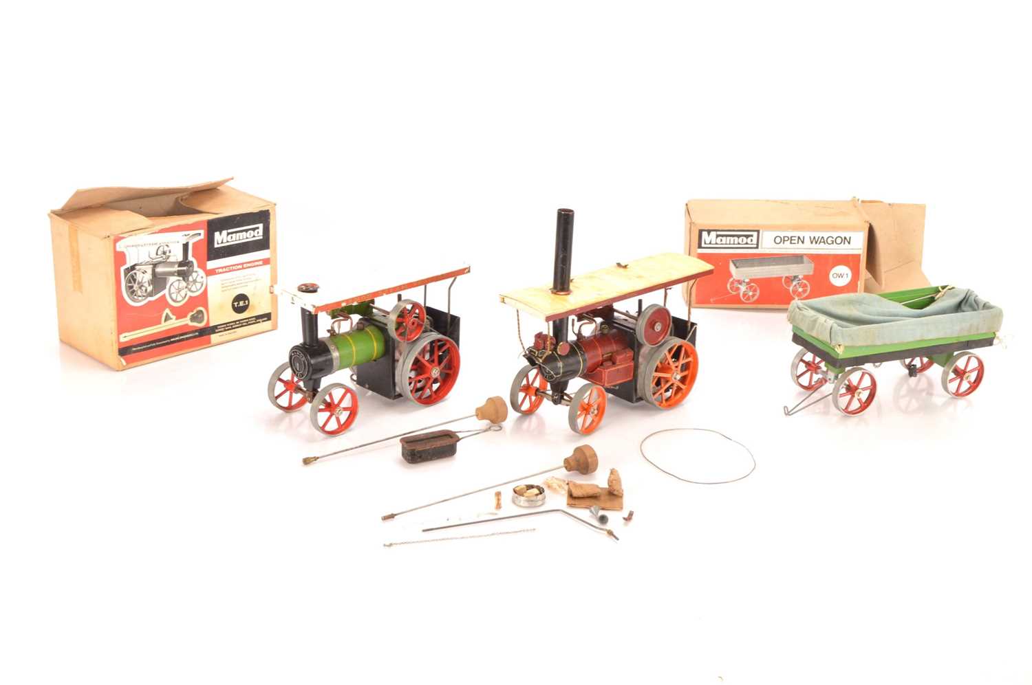 Lot 488 - Modified live Steam Mamod Traction Engines and Trailer (3)