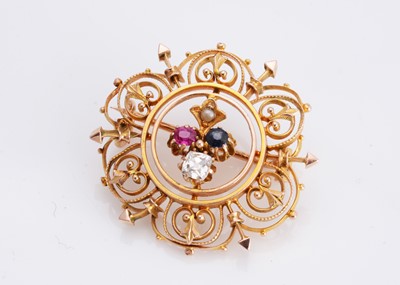 Lot 15 - A 14ct gold continental diamond, ruby, sapphire and pearl set target brooch