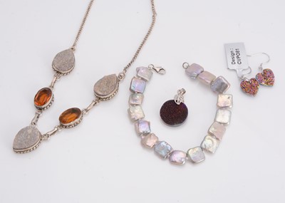 Lot 53 - A small suite of certificated purple drusy and rainbow drusy agate earrings