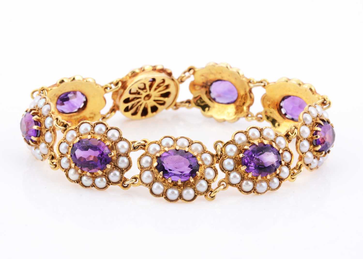 Lot 158 - A 9ct gold amethyst and pearl bracelet
